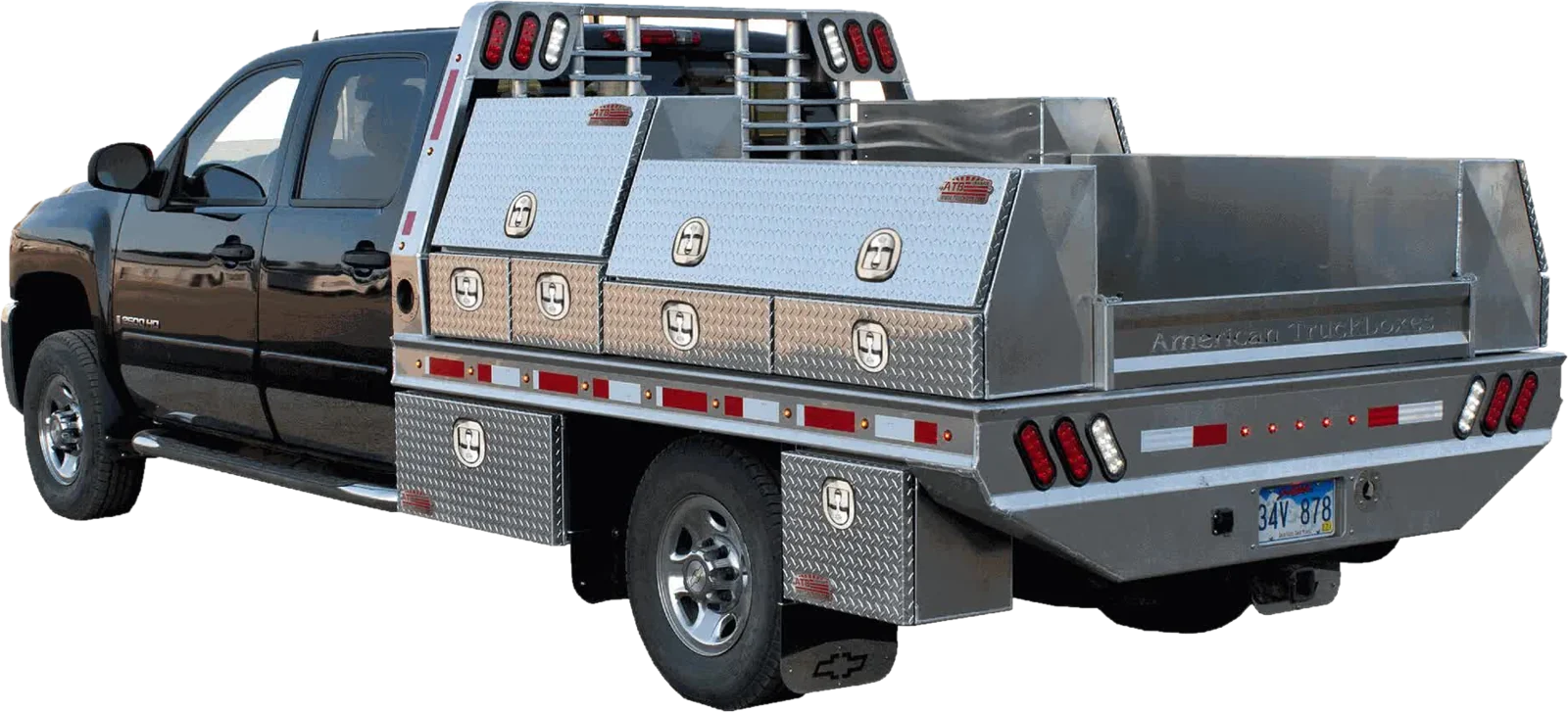 Custom ATB aluminum flatbed with toolboxes on a Chevrolet pickup