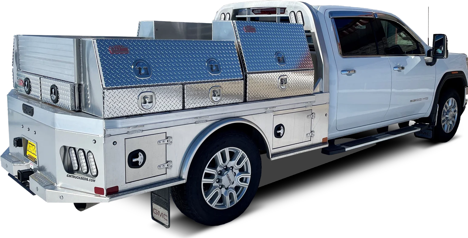 GMC pickup with ATB diamond tread toolboxes on an aluminum flatbed