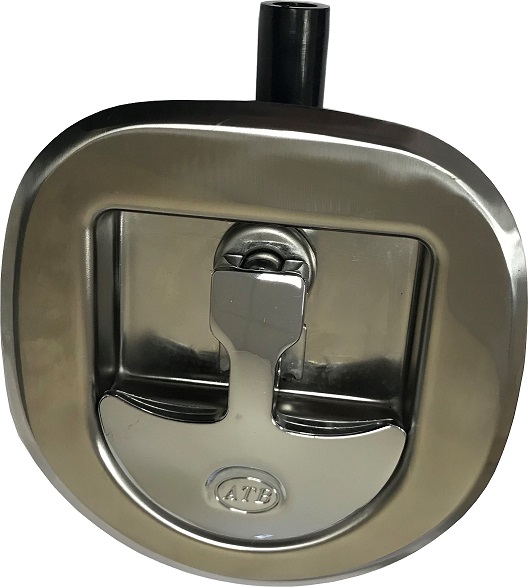 1A060-DT Dolphin Tail Latch with Adjustable Roller Cam. Polished Stainless Steel Pan, Die Cast Zinc Chrome Plated T-Handle with ATB Logo.