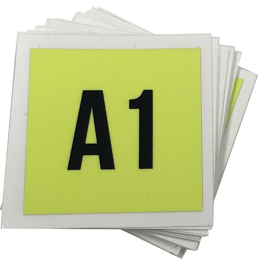 1DPB Decal for Part Bins (A1 thru A21) 1.5" H x 1.5" W Yellow Background with Black Letters