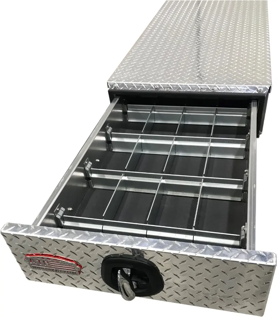 A-BP51 - 8"H x 52"D x 24"W - Aluminum Truck Pullout Bed-Pack Toolbox, Smooth Body & Diamond TP Top and Drawer Front, Super HD, Single 50" Drawers with Dividers and DT-T-Handle Lock.