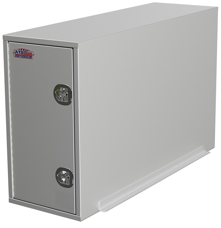 A-CP55 - 48"H x 96"D x 24"W - Aluminum Super HD Truck Cross-Pack Service Box, All Smooth Finish, Both End Single Side Open Doors With Gas Springs and SS DT-T-Handle Locks, Two Shelves, 4-Swivel Hooks & Frame Mount 