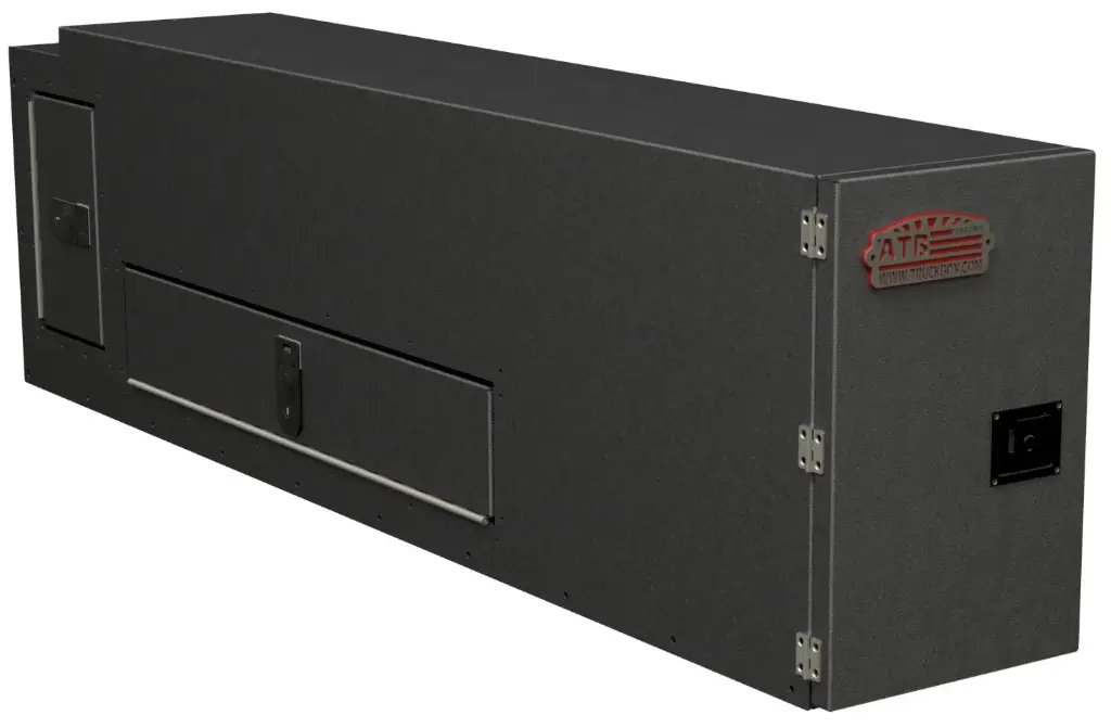 A-DF42- 20"H x 74"D x 12"W- Aluminum Truck Pickup Drawer Fender Toolbox, HD, All Smooth Finish, 4 Drawers (1-2 = 60" & 2-3 =16"), Right Side Open Door (Passenger Side) With Pull Handle Lock, With Back Notched, Drop Open Compartment At Fender & Top/Back Compartment, Powder Coated MX-Black