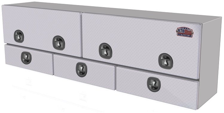 A-DU42- 21"H x 14"D x 94"W - Aluminum Top Mount Drawer Utility HD Toolbox, Smooth Body, Diamond TP Double Top Hinged Doors with Triple Drawers & DT-Handle Locks