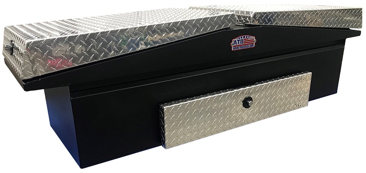A-LG4 - 20"H x 20"D x 72"W - Aluminum HD Pickup Truck Low Profile Gullwing (EZ Grab) Cross Toolbox, Smooth Body, Diamond TP Double Top Open Lids with Push-in Locks, with One Drawer, Pro-Tray & M-Hardware, Powder Coated MX Black