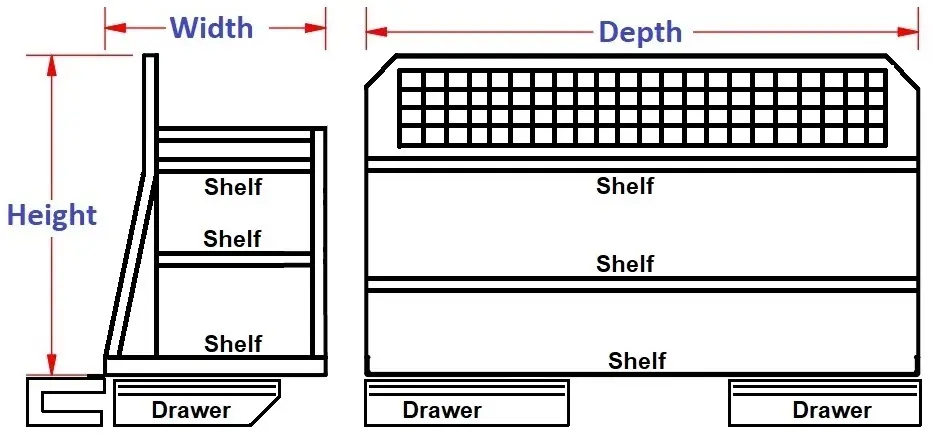 A-PC61 - 47"H x 57"D x 21.5"W - Aluminum HD Pickup Back Seat Cargo Storage Shelf System for Chevy Double Cab 2019-2024 with 3 Shelves (Plain-W/FE Space), 2 Drawers & Powder Coated MX-Black Body Only