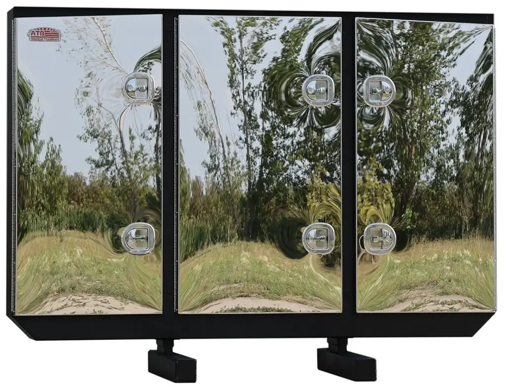 A-RB51 - 68"H x 12"D x 80"W - Aluminum Semi Tractor HD Rack Box, Powder Coated MX-Black Body with SS-Mirror Finish Triple Doors, 1 Chain Rack Outside Compartments, and 3 Shelves Center Compartment, DT-T-Handle Lockable Locks and I-Beam Mount.