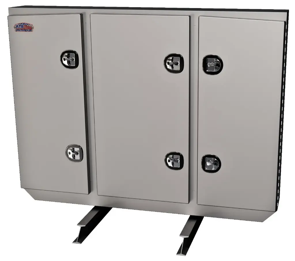 A-RB51 - 68"H x 12"D x 80"W - Aluminum Semi Tractor HD Rack Box, Smooth Body with Smooth Polished Finish Triple Doors, 1 Chain Rack Outside Compartments, and 3 Shelves Center Compartment, DT-T-Handle Lockable Locks and I-Beam Mount.