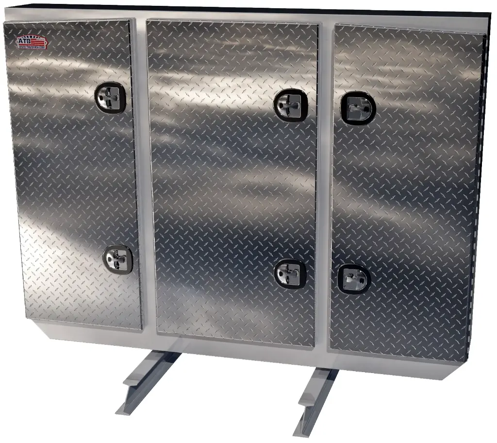 A-RB51 - 68"H x 12"D x 80"W - Aluminum Semi Tractor HD Rack Box, Smooth Body with Diamond TP Finish Triple Doors, 1 Chain Rack Outside Compartments, and 3 Shelves Center Compartment, DT-T-Handle Lockable Locks and I-Beam Mount.