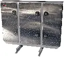 A-RB51 - 60"H x 12"D x 80"W - Aluminum Semi Tractor HD Rack Box, Smooth Body with Diamond TP Finish Triple Doors, 1 Chain Rack Outside Compartments, and 3 Shelves Center Compartment, DT-T-Handle Lockable Locks and I-Beam Mount.
