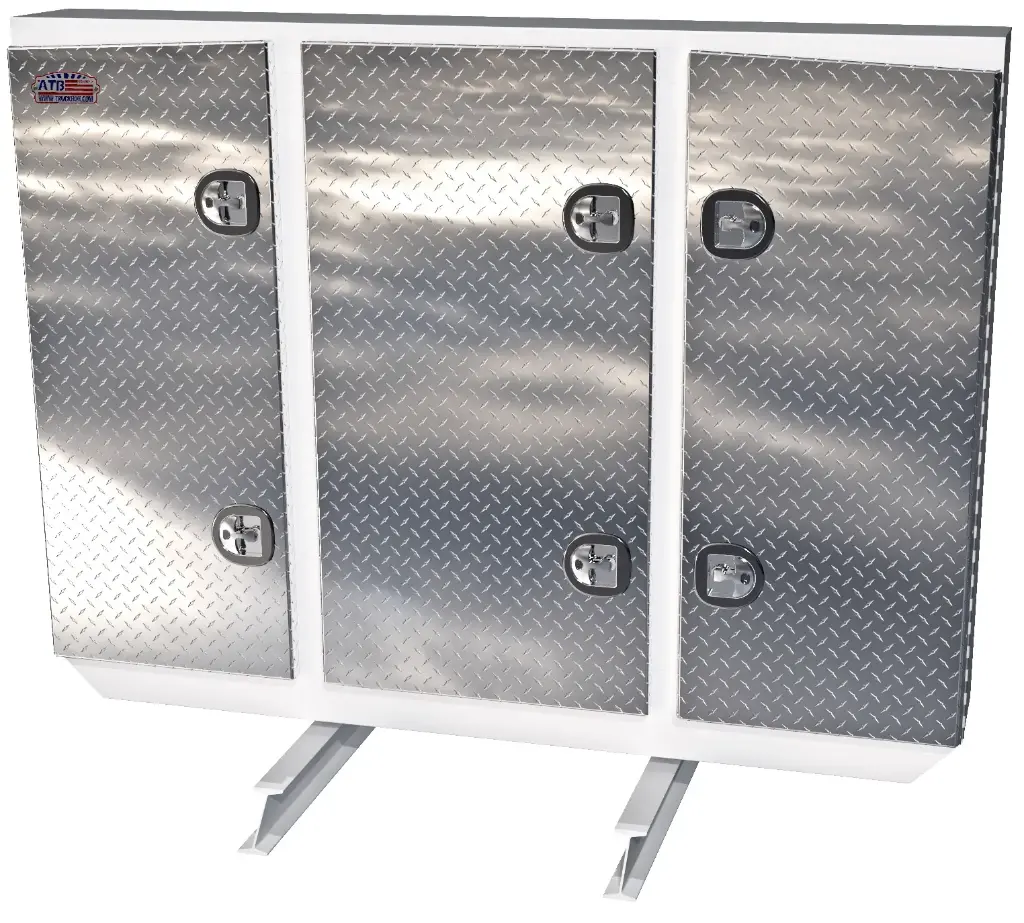 A-RB51 - 68"H x 12"D x 80"W - Aluminum Semi Tractor HD Rack Box, Powder Coated MX-White Body with Diamond Thread Finish Triple Doors, 1 Chain Rack Outside Compartments, and 3 Shelves Center Compartment, DT-T-Handle Lockable Locks and I-Beam Mount.