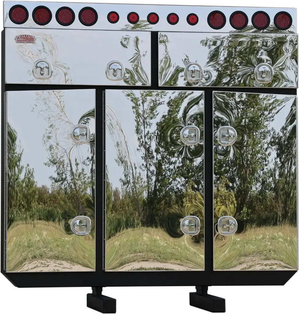 A-RB52 - 84"H x 12"D x 84"W - Aluminum Semi Tractor HD Rack Box, Double Top & Triple Bottom Mirror Finish Doors, 1 Chain Rack in Outside Compartments and 3 Shelves in Center Compartment, with DT-T-Handle Locks and I-Beam Mount, Powder Coated MX-Black BODY ONLY