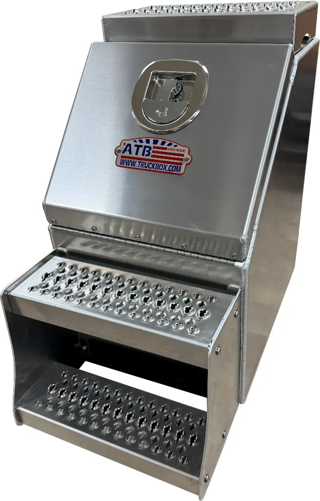 A-SB51 - 26"H x 28"D x 12"W - Aluminum Bright Finish Semi Truck Saddle Step Box, HD, Single Drop Open Lid, Pro-Grip Strut Grip Steps and DT-Handle Lock.