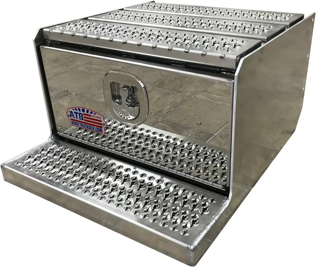 A-SF51S - 21"H x 30"D x 30"W - Aluminum Semi Truck Step Frame Toolbox, Smooth Body, Mirror Finish Drop Open Door, DT-T-Handle Lock and Laser Cut Strut Pressed Grip Steps.