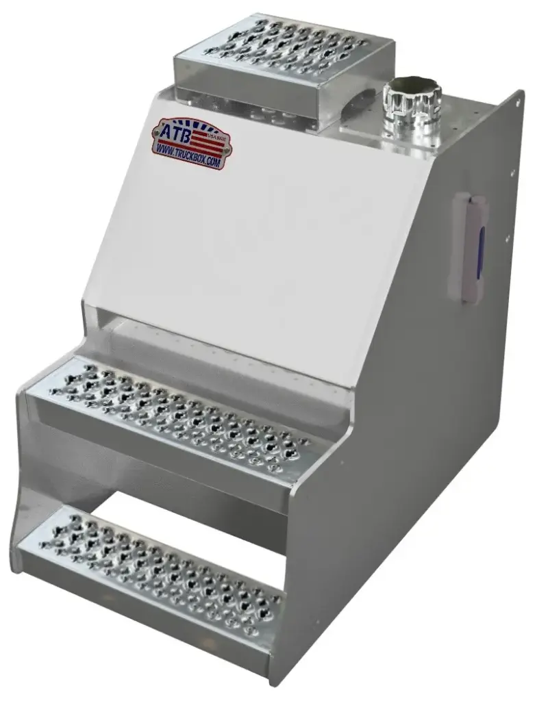 A-SO51S- 26"H x 28"D x 12"W - Aluminum Semi Truck Oil Reservoir Step Tank, 15 Gal, with Sight Glass & Filler Cap, Single Baffle, Laser Cut Strut Pressed Grip Steps, All Smooth Finish