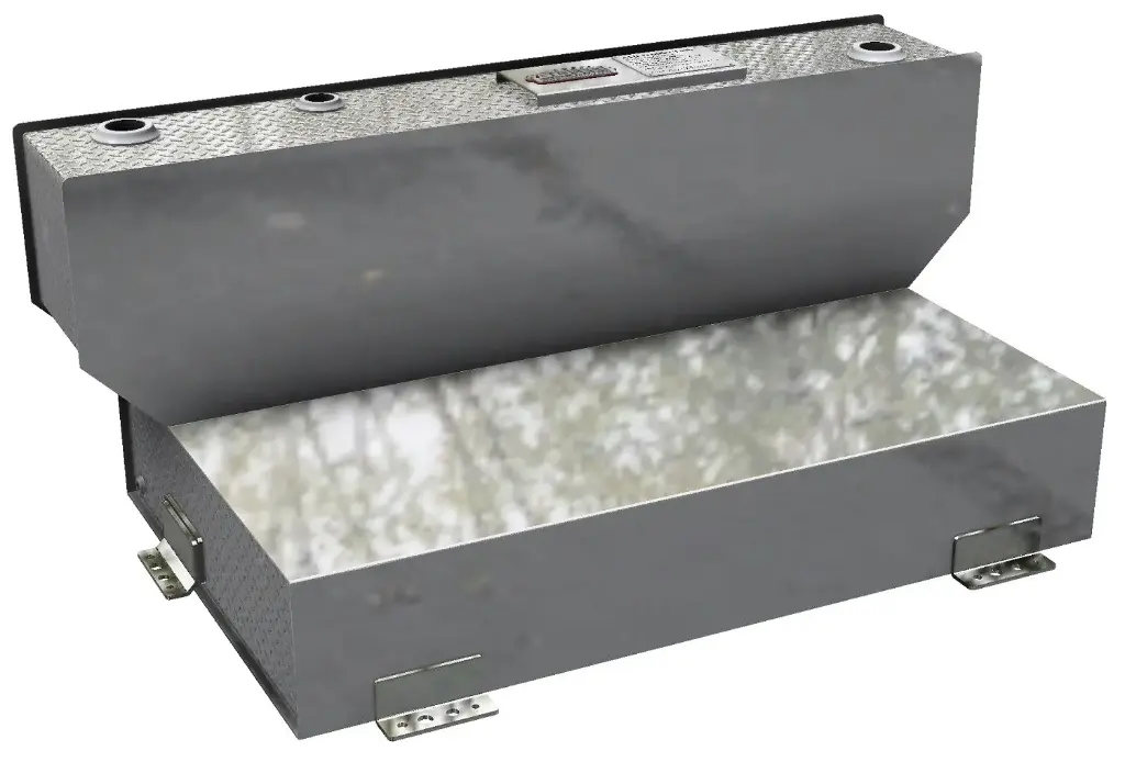 A-TL52 - 24"H x 31"D x 58"W - 10g Aluminum L-Shape Fuel Tank, 94 Gal, with Mounting L-Brackets, Double Baffled, Two 2" & One 1-1/2" Top Fittings & 3/8" Bottom Side Drain.