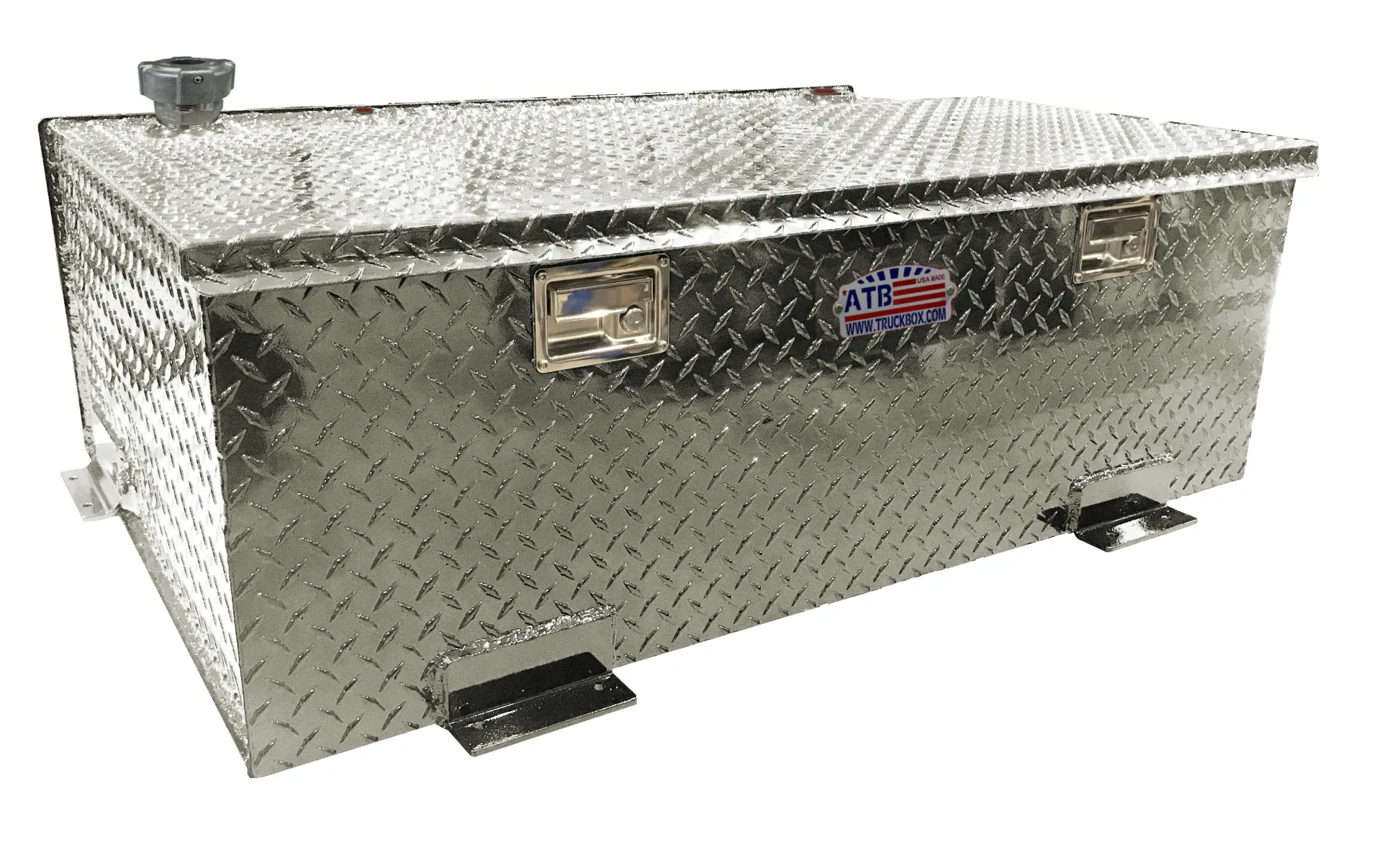 A-TT55 - Aluminum Pickup Truck L-Shape Fuel Tank Combo Chest Toolbox, 64 to 95 Gal, Diamond TP Finish, Top Open Single Lid with Gas Springs, Lift Handle Locks and Optional Powder Coat Finish.