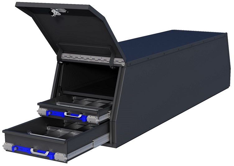 [S-CGD47-218224ST-BX14] S-CGD47 - 21"H x 82"D x 24"W - Steel HD Pickup Cross Drawer Flatbed Toolbox, Both End Top Hinged Doors W/ Gas Springs, 2-Drawers Each End (1T=4" & 2B=6"), One Shelf, Powder Coated MX-Black