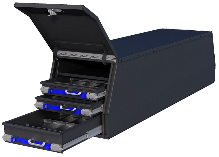S-CGD47 - 28"H x 82"D x 24"W - Steel HD Pickup Cross Drawer Flatbed Toolbox, Both End Top Hinged Bottom Open Doors W/Gas Springs, 3-Drawers Each End (1-2T=4" & 3B=6"), One Shelf & P-Coated X- Black
