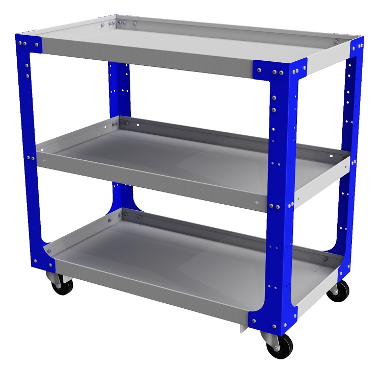 S-CM41 - 30"H x 24"W x 36"D Steel HD Machine Cart - 12g Machine Cart for Shop and Tools, Heavy 3.5" Casters, Three 14g Adjustable Steel Hemmed Shelves and Powder Coated Blue Streak/Light Grey