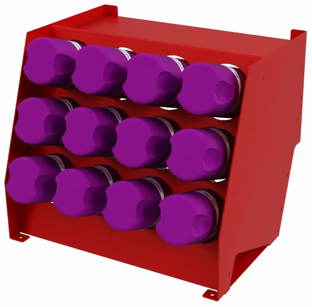 [S-CO31-131314-R12] S-CO31 - 13"H x 13"D x 14"W - Steel Pro-HD Can Organizer, 3 Levels -12 Cans, with Side Handles, Powder Coated Red Finish.