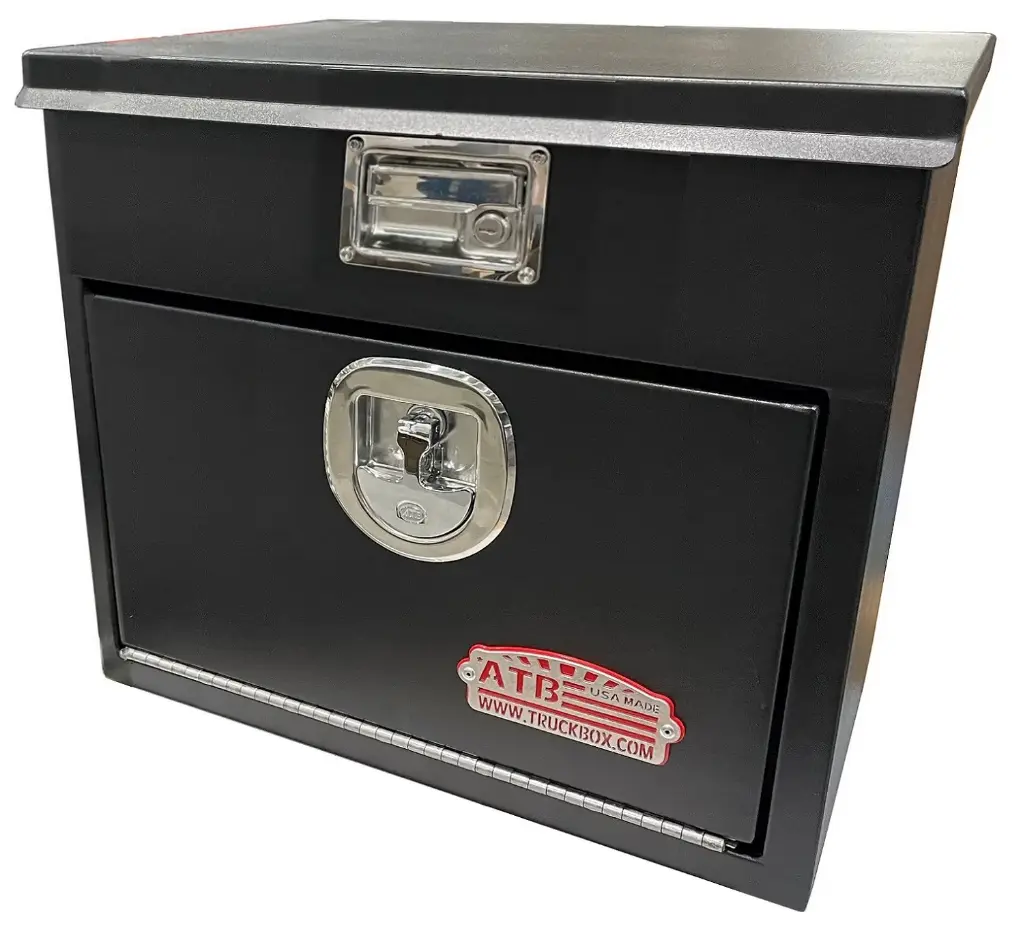 S-TB41 - 20"H x 14"D x 24"W - Steel Top Bottom Utility Truck Toolbox, HD, Single Top Open Lid with Gas Springs, Single Drop Open Door, Lock & Powder Coated MX-Black Finish.