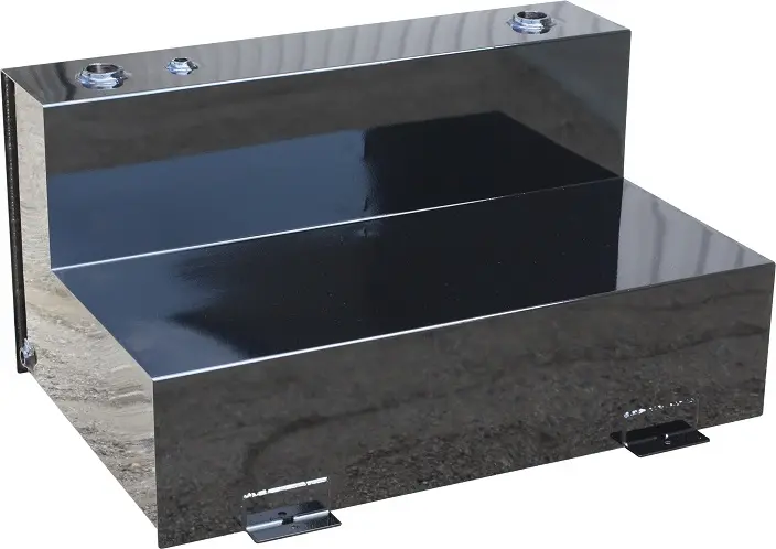 S-TL41 - 20"(9")H x14"(9")D x 57"W - 14g Steel 48 Gal Fuel L-Tank with Mounting L-Brackets ,Single Baffled, Two 2", One 1-1/2" & One 3/8" Top Fittings, Side 3/8" Drain, Powder Coated MX-Black.