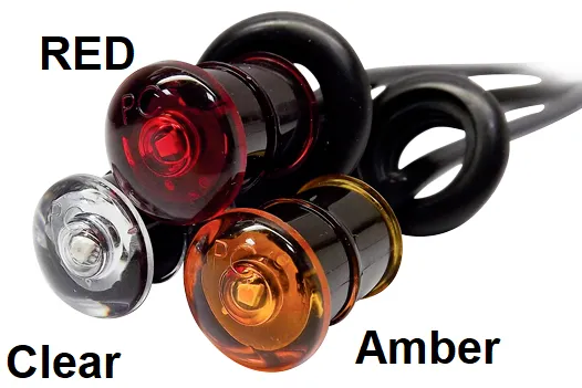 3/4" Round Miniature Side Marker & Clearance LEDs - Domed and Flat PC Rated - 180 Deg Sealed One Diode Pattern Lamp (LED Color/Lence Color) with Wire and Grommet.