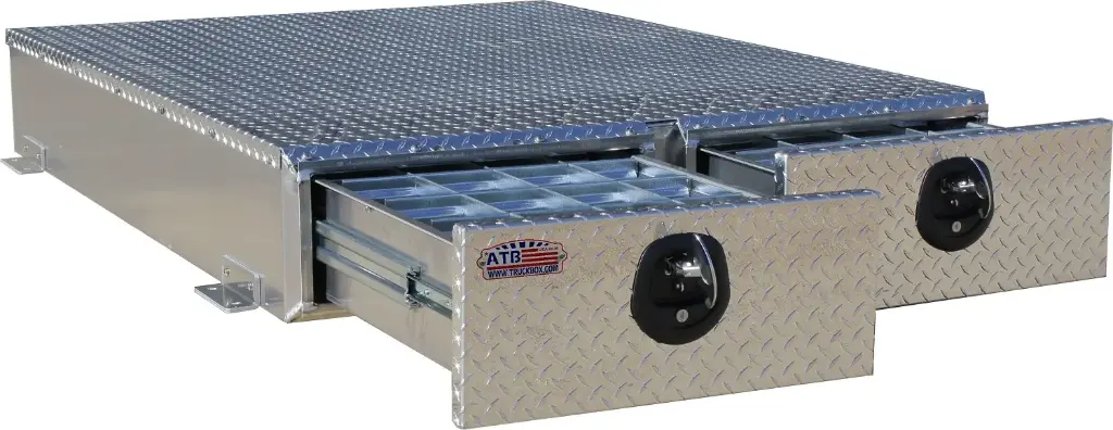A-BP51 - 8"H x 28"D x 48"W - Aluminum Truck Pullout Bed-Pack Toolbox, Smooth Body & Diamond TP Top and Drawer Front, Super HD, Double 24" Drawers with Divider and DT-T-Handle Lock