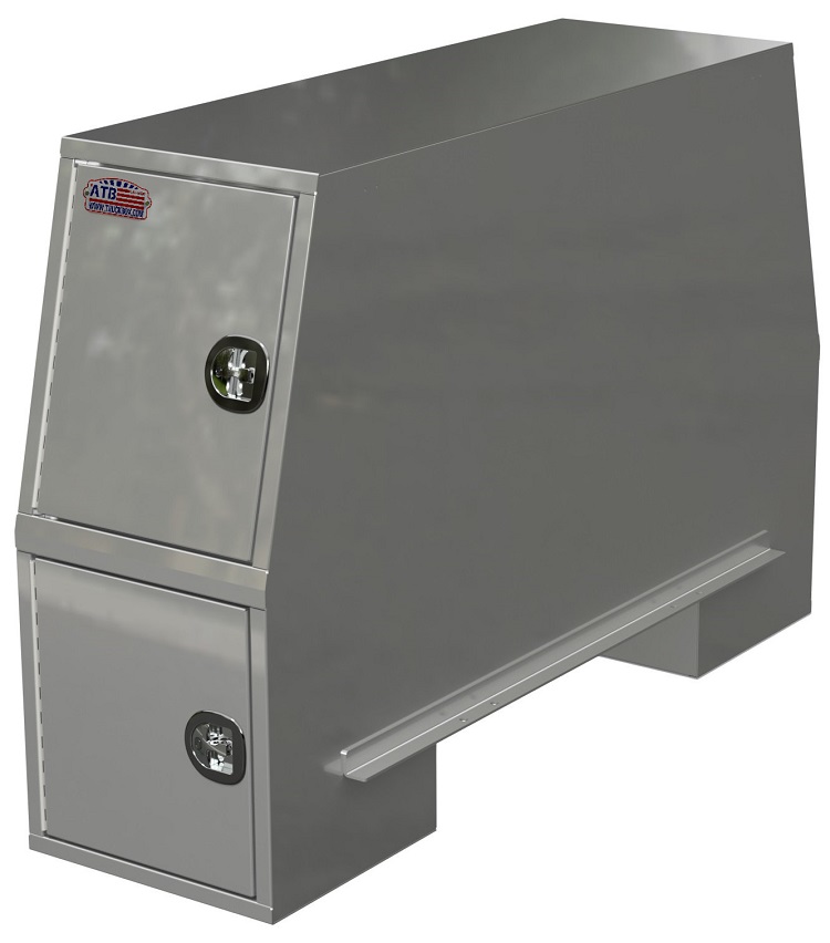 [A-CP51-D1-558224-SKWX2] A-CP51 - 55"H x 82"D x 24"W - Aluminum Super HD Truck Cross-Pack Service Box, All Smooth Finish, Four Side Open Doors with Gas Springs & DT-Handle Locks, One Upper Shelf, 2 Drawers (1 Per Side) On Lower End Replacing Shelf Placement, Side Mounts, Four Hooks, With Side Boxes, Powder Coated WX-White