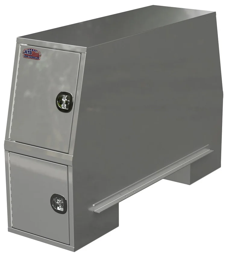 [A-CP51-D1-558224-SKWX2] A-CP51 - 55"H x 82"D x 24"W - Aluminum Super HD Truck Cross-Pack Service Box, All Smooth Finish, Four Side Open Doors with Gas Springs & DT-Handle Locks, One Upper Shelf, 2 Drawers (1 Per Side) On Lower End Replacing Shelf Placement, Side Mounts, Four Hooks, With Side Boxes, Powder Coated WX-White