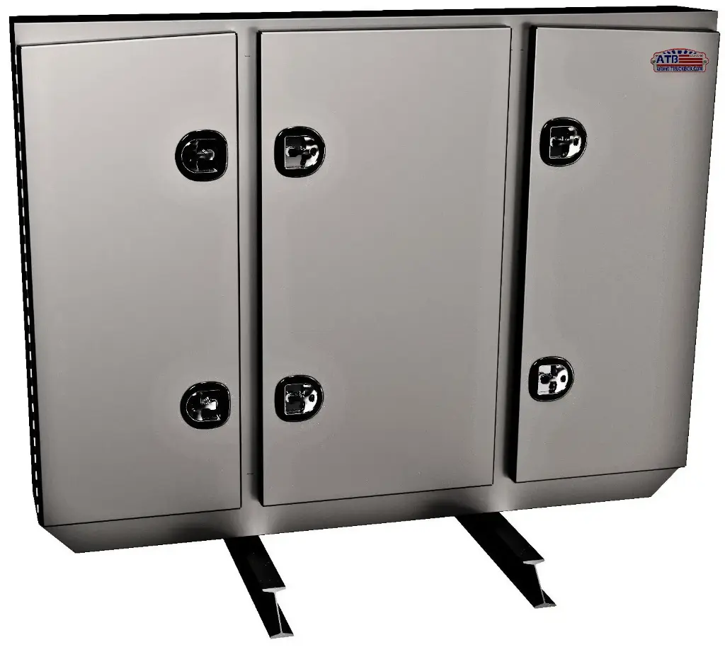 A-RB51 68" Aluminum Semi Tractor Headache Racks Smooth Powder Coated Body and Triple Doors 1 Chain Rack Outside Compartments and 3 Shelves Center Compartment SS DT-T-Handle Lockable Locks and I-Beam Mount.