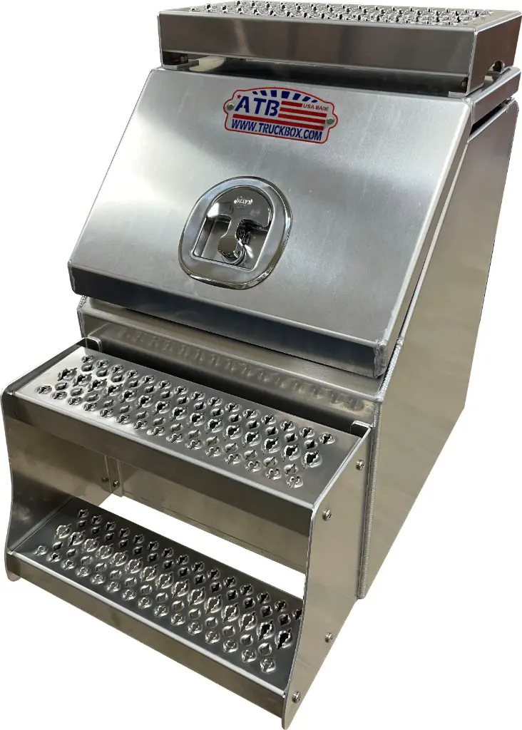 A-SB51S- 26"H x 28"D- Aluminum Semi Truck Saddle Step Boxes, Smooth Bright Finish, Single Top Hinged Lid with Pro-Grip Strut Steps & SS-DT-Handle Lock.