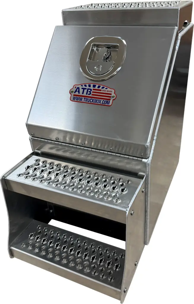 A-SB51S- 26"H x 28"D- Aluminum Semi Truck Saddle Step Boxes, Smooth Bright Finish, Single Drop Open Lid with Pro-Grip Strut Steps & SS-DT-Handle Lock.