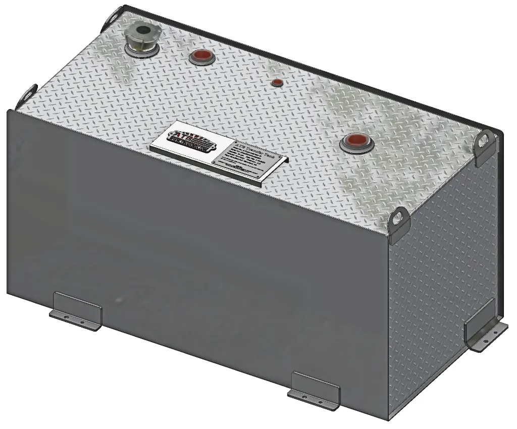 [A-TS5-181426N-T2] A-TS5 - .125 Aluminum Fuel Tank with Filler Cap, Heavy Duty, Smooth/Diamond TP Finish, with Mounting L-Brackets Baffled Larger Tanks - 2", 1-1/2" & 3/8" Female Fitting, Top and 3/8" Bottom Side Drain. (25 Gal. 18H-14D-26W)
