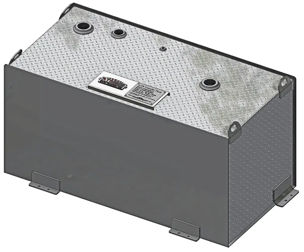 A-TS5 - .125 Aluminum Fuel Tank, Heavy Duty, Smooth/Diamond TP Finish, with Mounting L-Brackets Baffled Larger Tanks - 2", 1-1/2" & 3/8" Female Fitting, Top and 3/8" Bottom Side Drain.