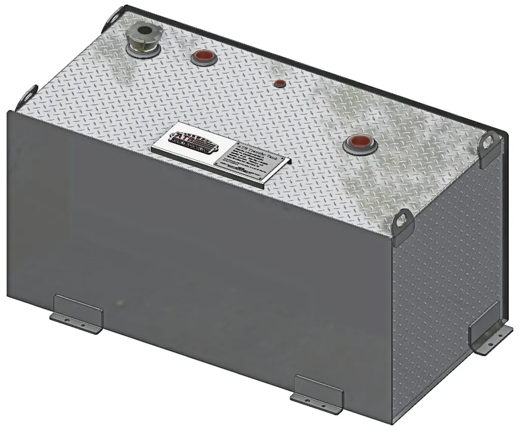 [A-TS6-202445D-T2] A-TS6 - .190 Aluminum Fuel Tank with Filler Cap, Heavy Duty, Smooth/Diamond TP Finish, with Mounting L-Brackets Baffled Larger Tanks - 2", 1-1/2" & 3/8" Female Fitting Top and 3/8" Bottom Side Drain. (84 Gal. 20H-24D-45W)