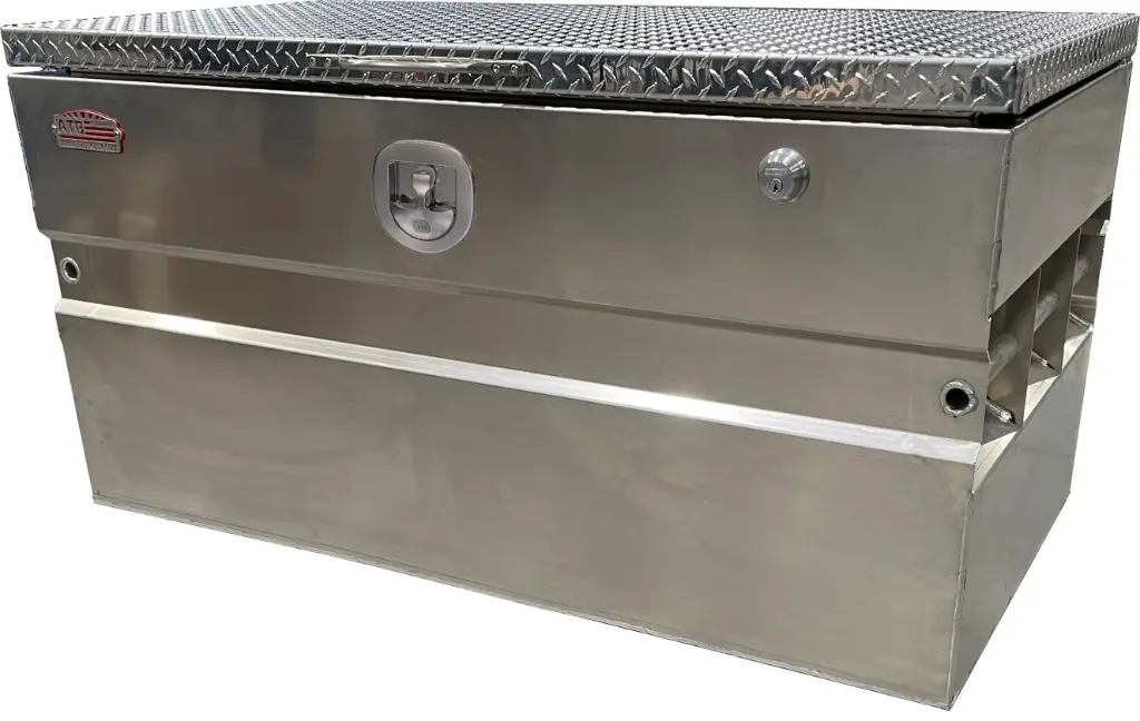 A-CS54 - .125 Aluminum Chest-Safe Jobsite Toolboxes, Industrial Grade, Smooth Body, Diamond Tread Plate Top Open Lid with Gas Springs & SS DT-T Handle Pad-Lockable Crossbar Latch, Optional Fork Slots