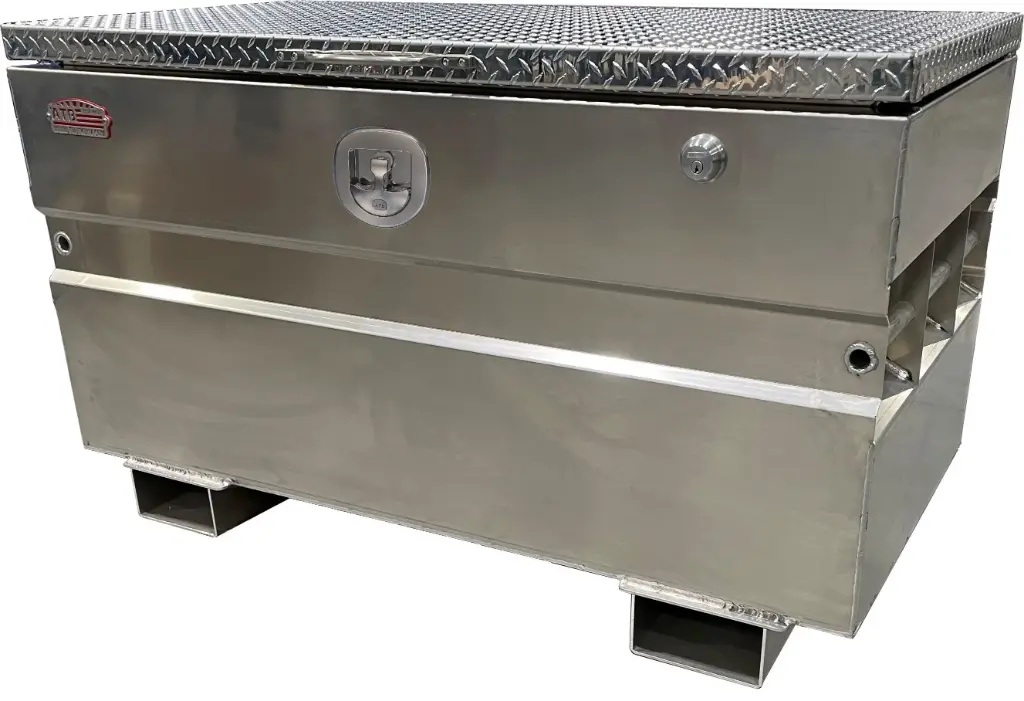 A-CS54 - .125 Aluminum Chest-Safe Jobsite Box, Industrial Grade Smooth Body, Diamond Tread Plate Top Open Lid with Gas Springs & SS DT-T Handle Pad-Lockable Crossbar Latch, Optional Fork Slots
