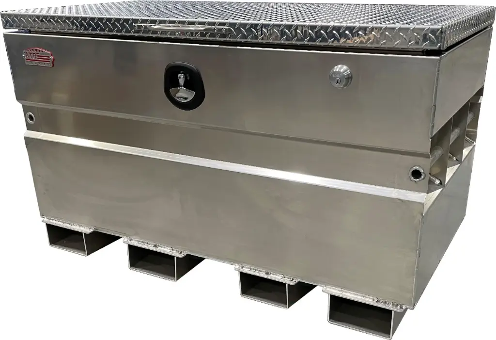 A-CS54 - .125 Aluminum Chest-Safe Jobsite Box, Industrial Grade Smooth Body, Diamond Tread Plate Top Open Lid with Gas Springs & SS DT-T Handle Pad-Lockable Crossbar Latch, Optional Fork Slots