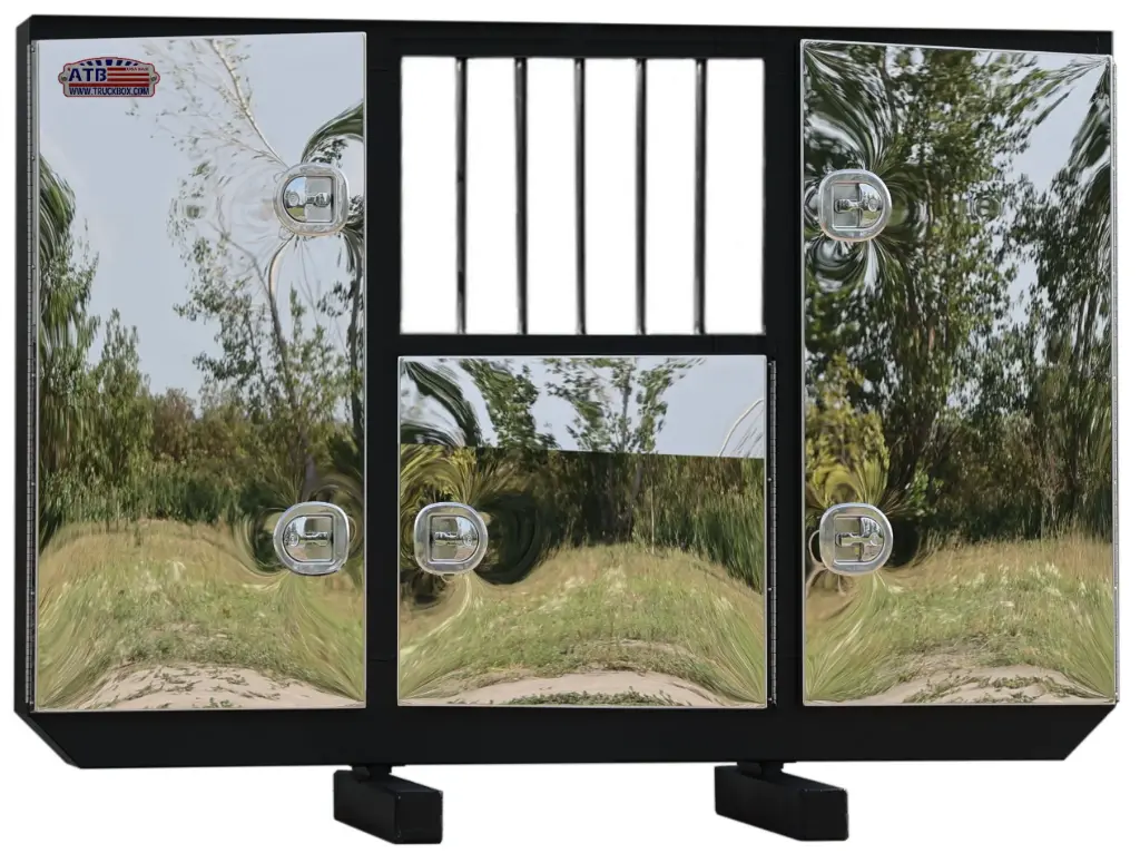 [A-RB54-681484T-SIK] A-RB54- Aluminum Semi Tractor HD Rack Box, Smooth Body & Triple Doors, with WINDOW, 1 Chain Rack in Outside Compartments, 1 Shelf in Center Compartment, with SS DT-T-Handle Locks and I-Beam Mount. (All Smooth)