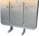 A-RB51- Aluminum Semi Tractor HD Headache Racks, All Smooth Body, Triple Doors, 1 Chain Rack Outside Compartments and 3 Shelves in Center Compartment with SS DT-T-Handle Locks and I-Beam Mount.