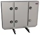 A-RB51- Aluminum Semi Tractor HD Headache Racks, All Smooth Body, Triple Doors, 1 Chain Rack Outside Compartments and 3 Shelves in Center Compartment with SS DT-T-Handle Locks and I-Beam Mount.