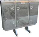 A-RB51- Aluminum Semi Tractor HD Headache Racks, All Smooth Body, Triple Doors, 1 Chain Rack Outside Compartments and 3 Shelves in Center Compartment with SS DT-T-Handle Locks and I-Beam Mount.