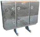 A-RB51- Aluminum Semi Tractor HD Headache Racks, All Smooth Body, Triple Doors, 1 Chain Rack Outside Compartments and 3 Shelves in Center Compartment with SS DT-T-Handle Locks and I-Beam Mount.