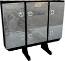 A-RB51- Aluminum Semi Tractor HD Headache Racks, All Smooth Body, Triple Doors, 1 Chain Rack Outside Compartments and 3 Shelves in Center Compartment with SS DT-T-Handle Locks and I-Beam Mount.