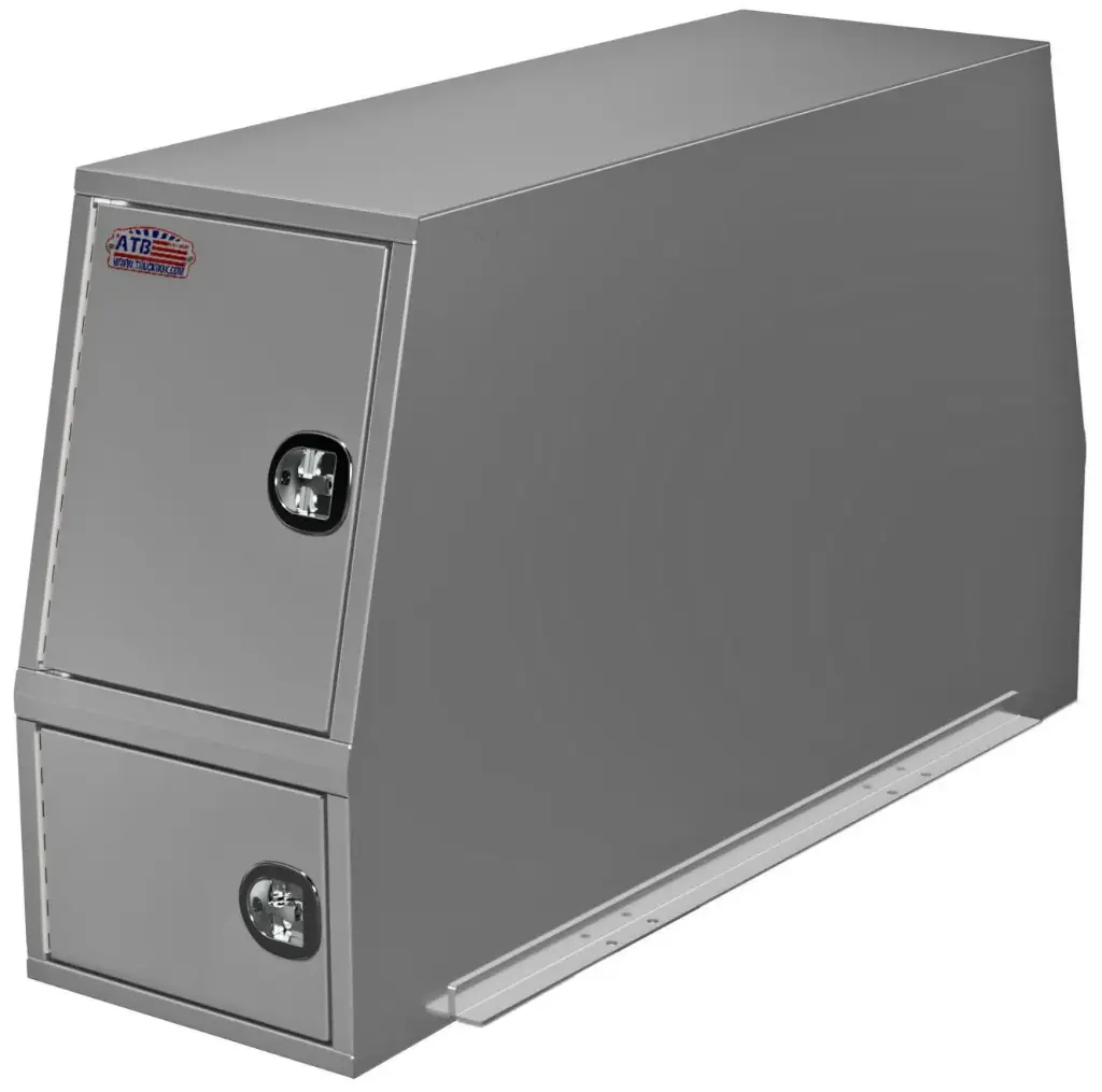 A-CP54 - .125 Aluminum Truck Cross-Pack Service Backpack Truck Boxes, Heavy-Duty Four Side Open Doors with SS DT-Handle Locks & Gas Springs, Two Adjustable Shelves, Straight Bottom Mounting Rail Brackets & Four Swivel Hooks, Smooth Finish/Diamond TP Finish/Powder Coat Finish