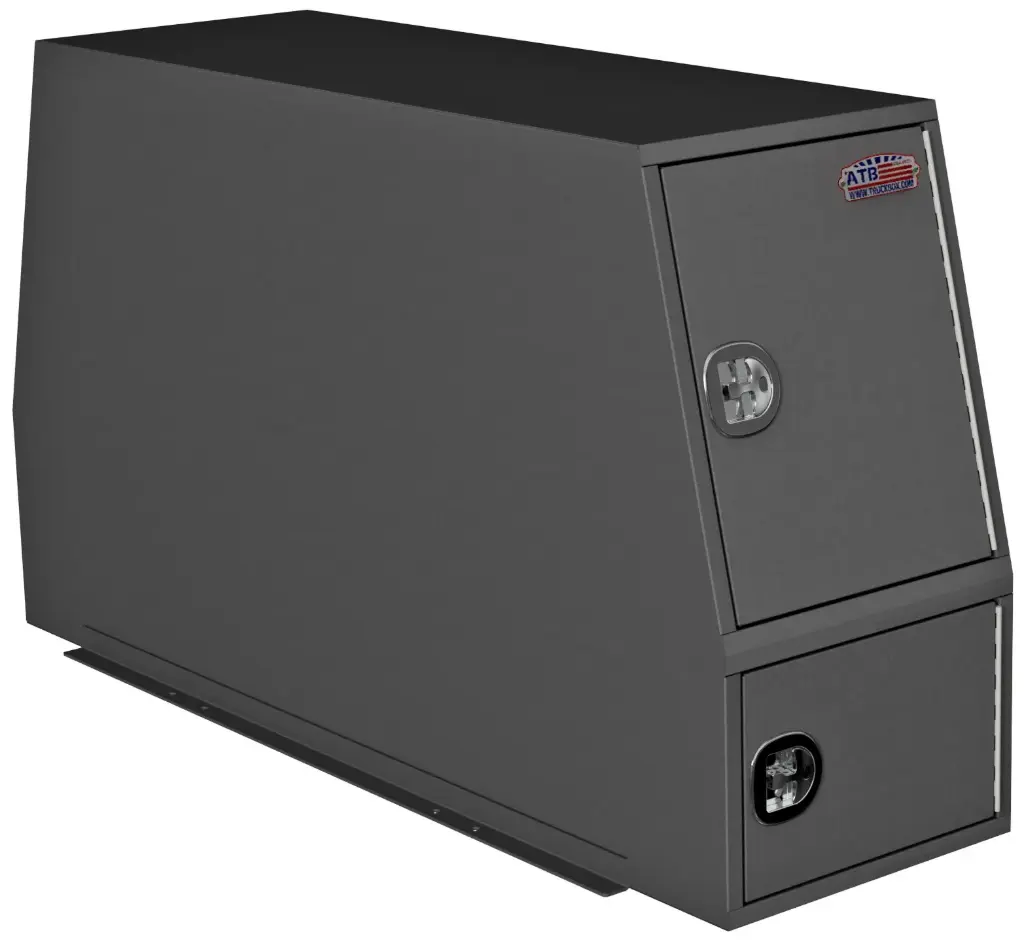 S-CP44 -14g Steel Truck Cross-Pack Service Box, Super Heavy-Duty Powder Coated Finish Four Side Open Doors with SS DT-Handle Locks & Gas Springs Two Adjustable Shelves, Straight Bottom Mounting Rail Brackets & Swivel Four Hooks.