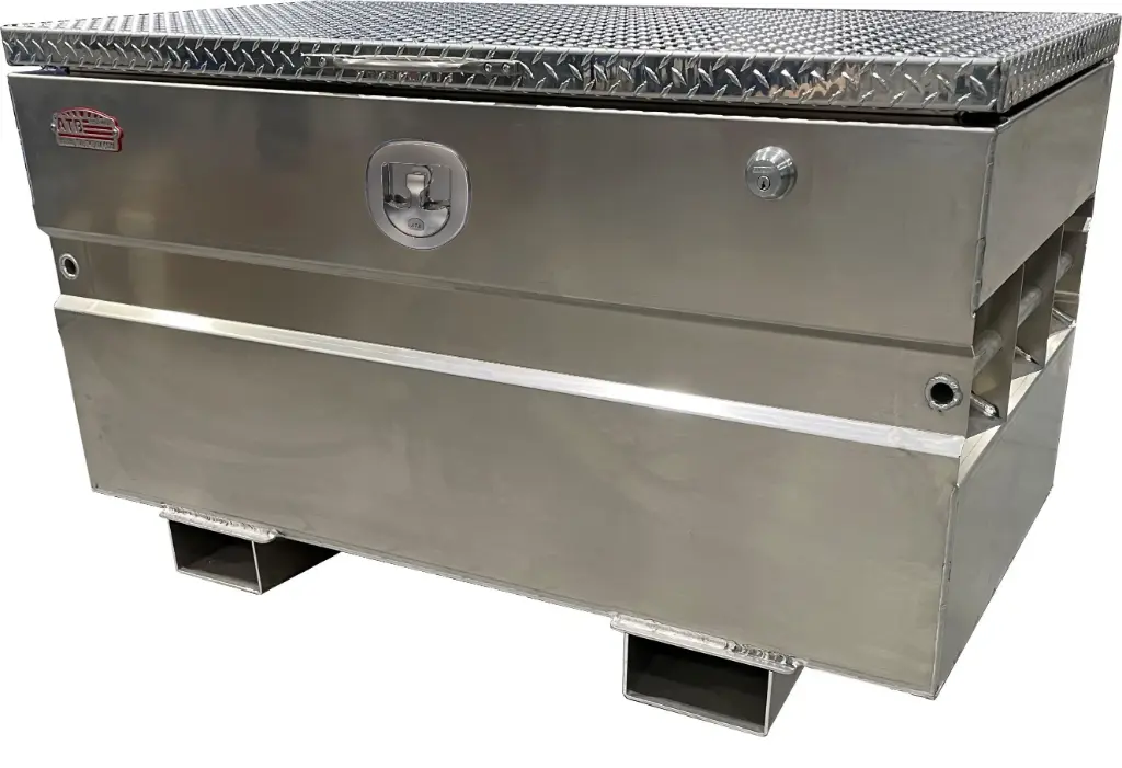 A-CS54 - .125 Aluminum Chest-Safe Jobsite Box, Industrial Grade Smooth Body, Diamond Tread Plate Top Open Lid with Gas Springs & SS DT-T Handle Pad-Lockable Crossbar Latch, Optional Fork Slots