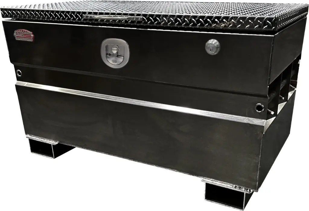 S-CS44 - 14g Steel Chest-Safe Jobsite Box, Industrial Grade, Aluminum TP Top Open Lid with Gas Springs & SS DT-Handle Pad-Lockable Crossbar Latch. Optional Fork Slots - All Powder Coat Finish.